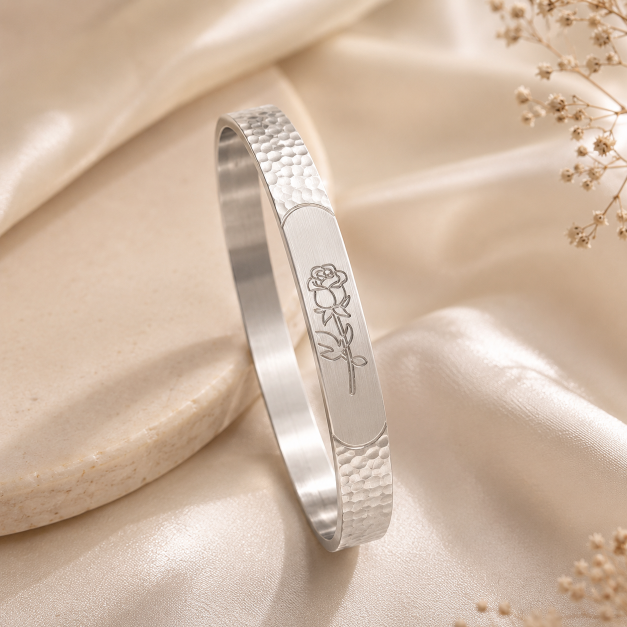 Rose Engraved Adjustable Cuff Kada