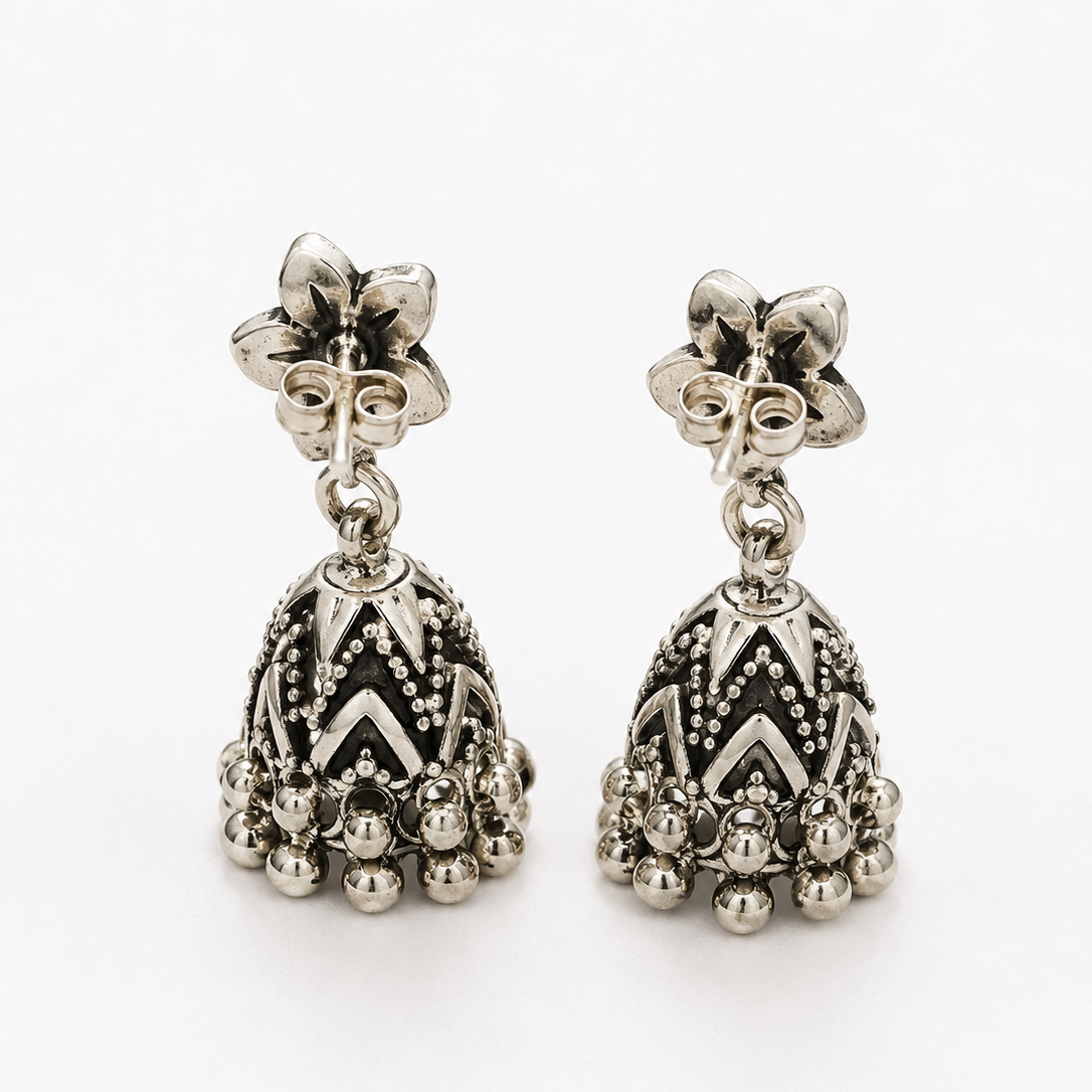 Floral Oxidized Silver Jhumki
