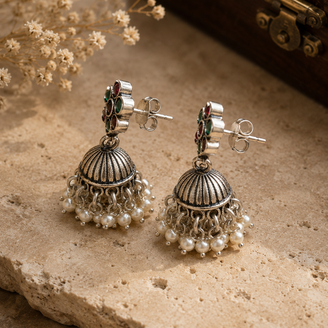 Gulnaar Pearl Oxidized Jhumki