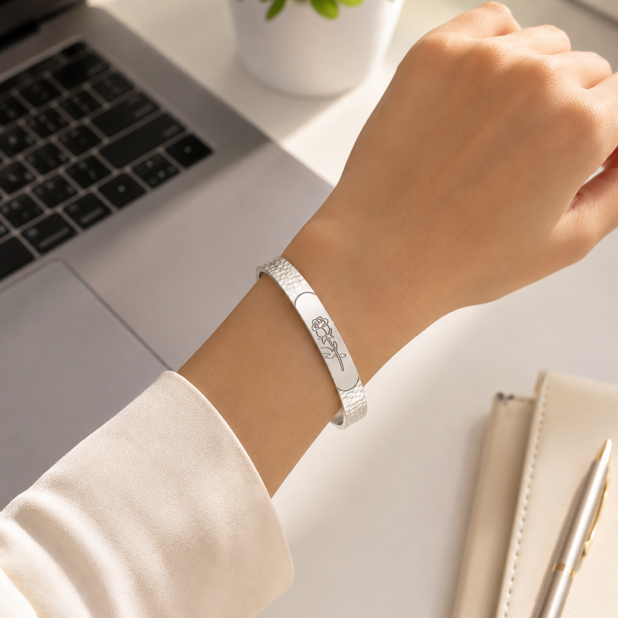 Rose Engraved Adjustable Cuff Kada