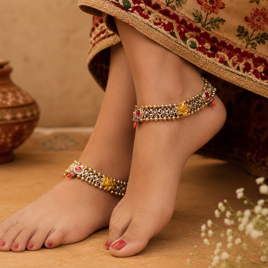 Royal Floral Oxidized Payal