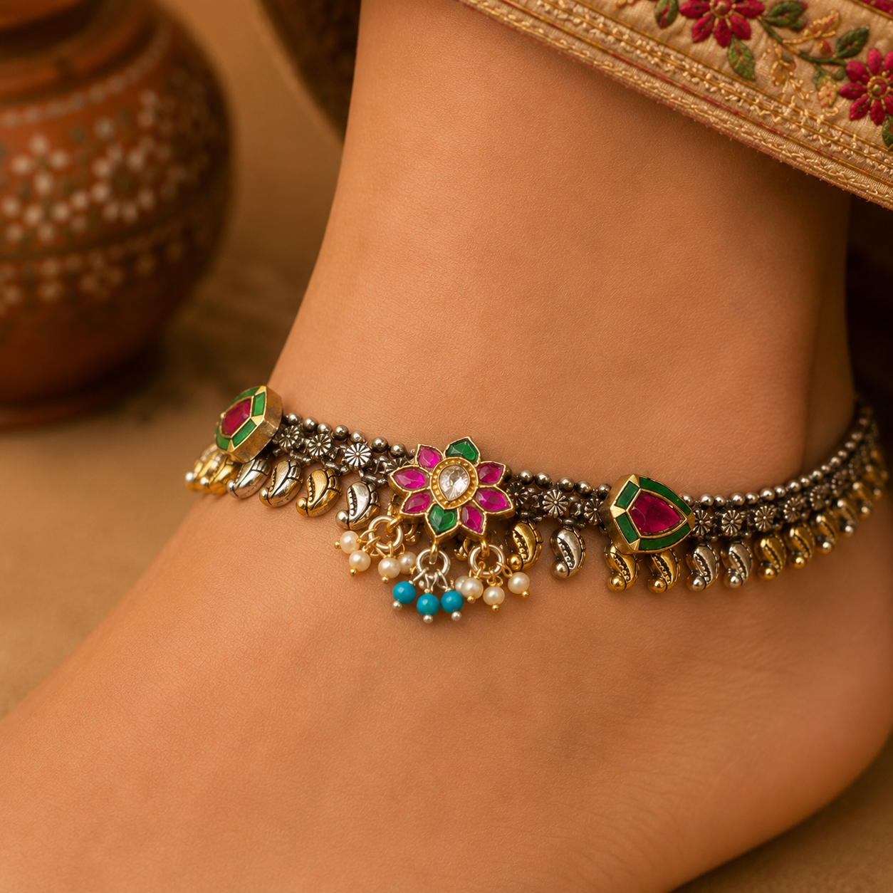 Royal Silver Kundan Payal