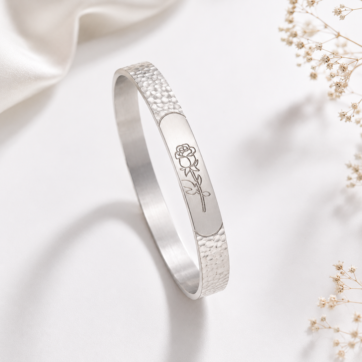 Rose Engraved Adjustable Cuff Kada