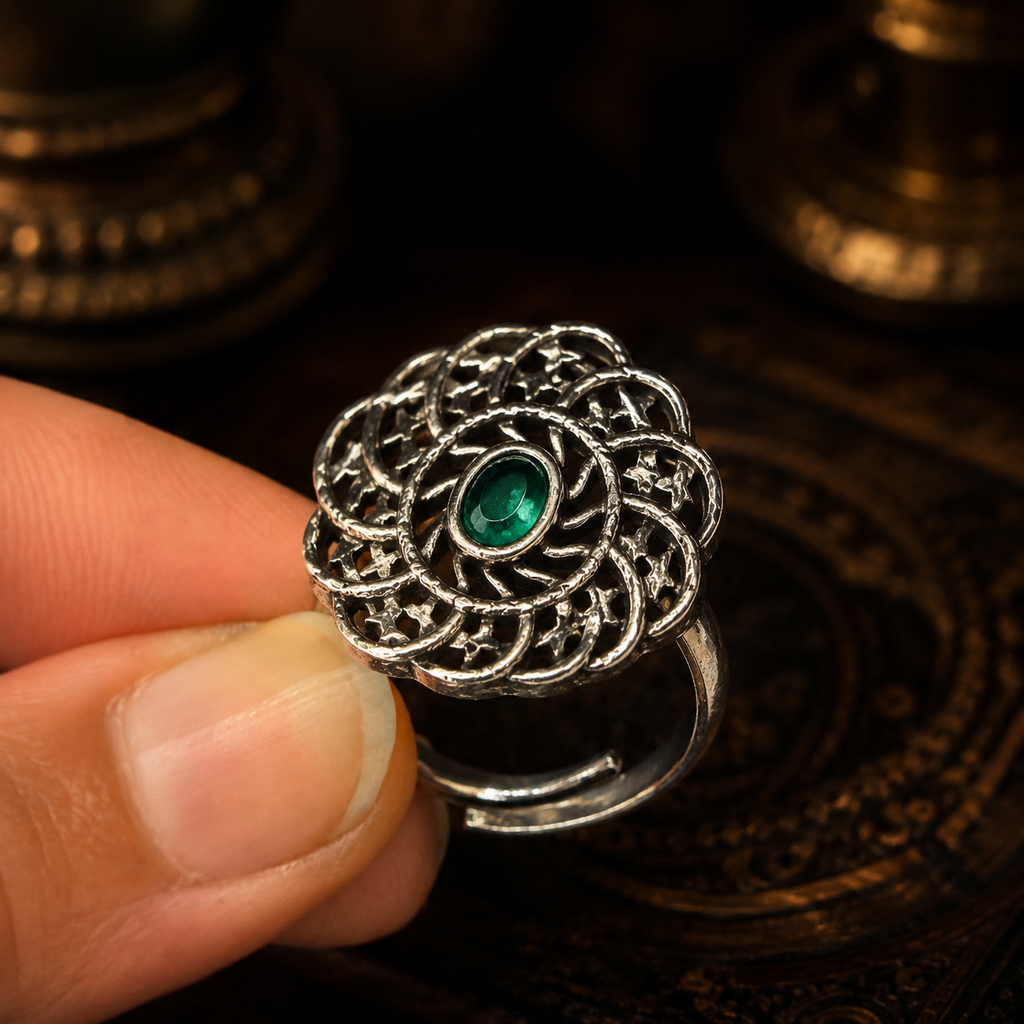 Fully Adjustable Oxidised Green Stone Ring