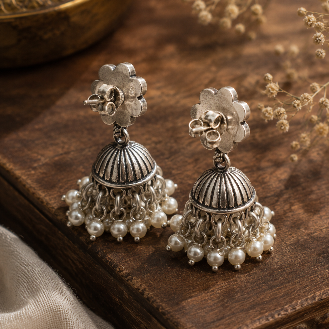 Gulnaar Pearl Oxidized Jhumki