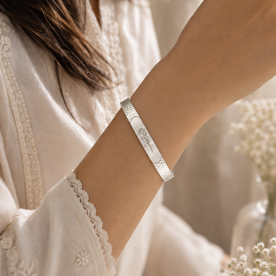 Rose Engraved Adjustable Cuff Kada