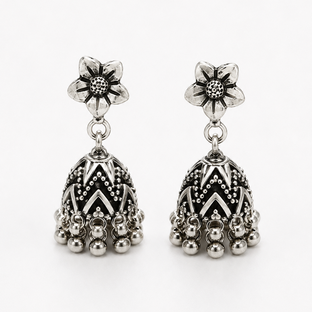 Floral Oxidized Silver Jhumki