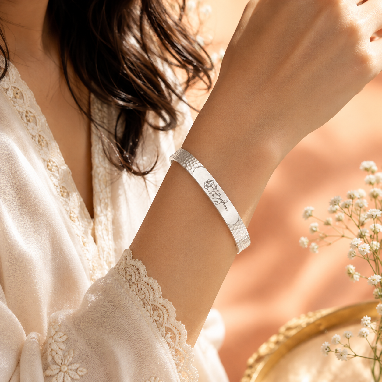 Rose Engraved Adjustable Cuff Kada