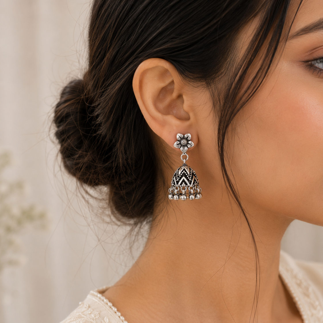Floral Oxidized Silver Jhumki