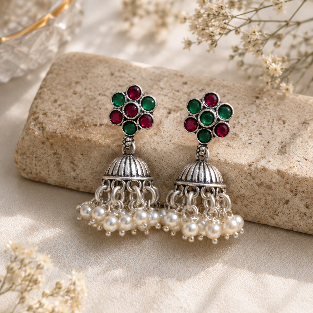 Gulnaar Pearl Oxidized Jhumki