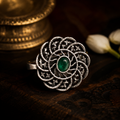 Fully Adjustable Oxidised Green Stone Ring