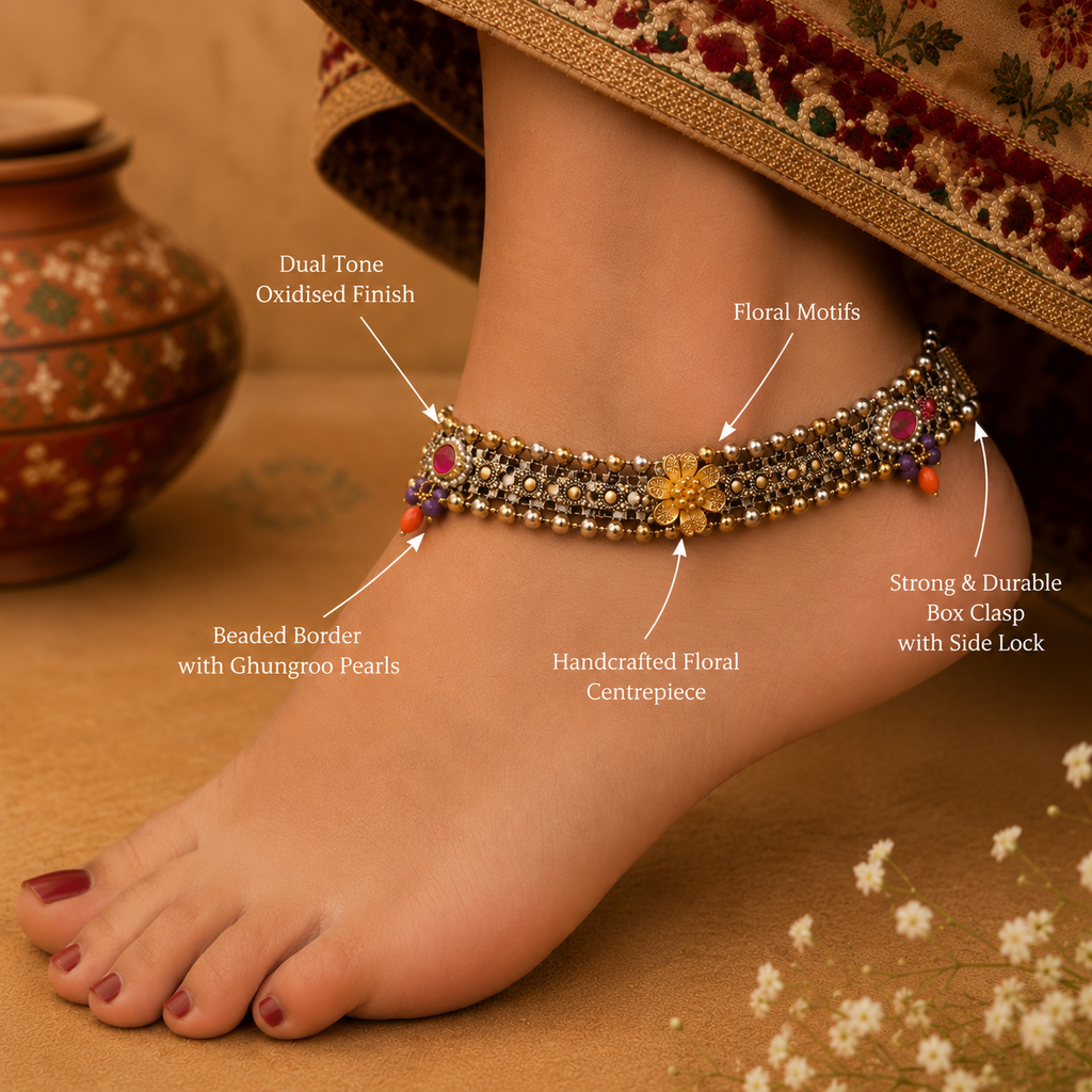 Royal Floral Oxidized Payal