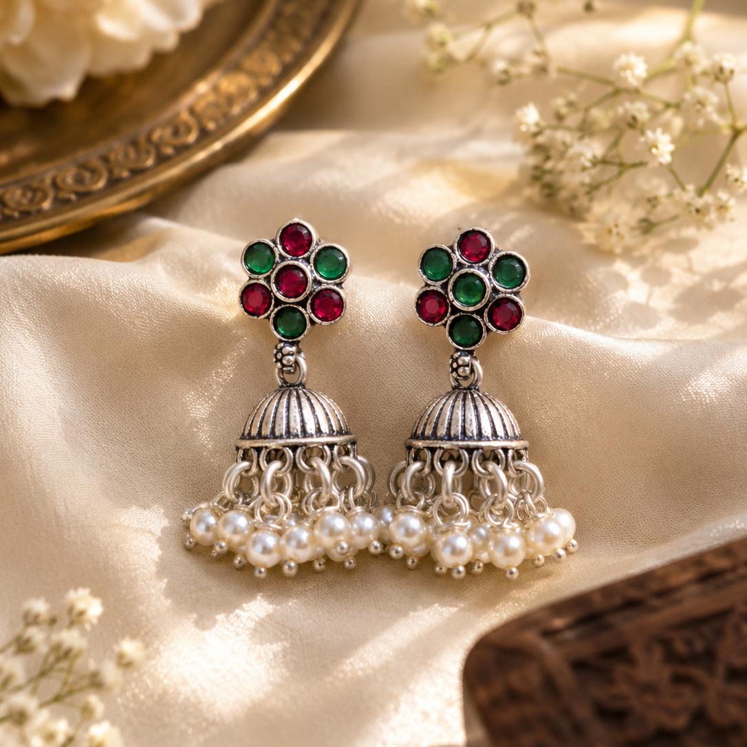 Gulnaar Pearl Oxidized Jhumki